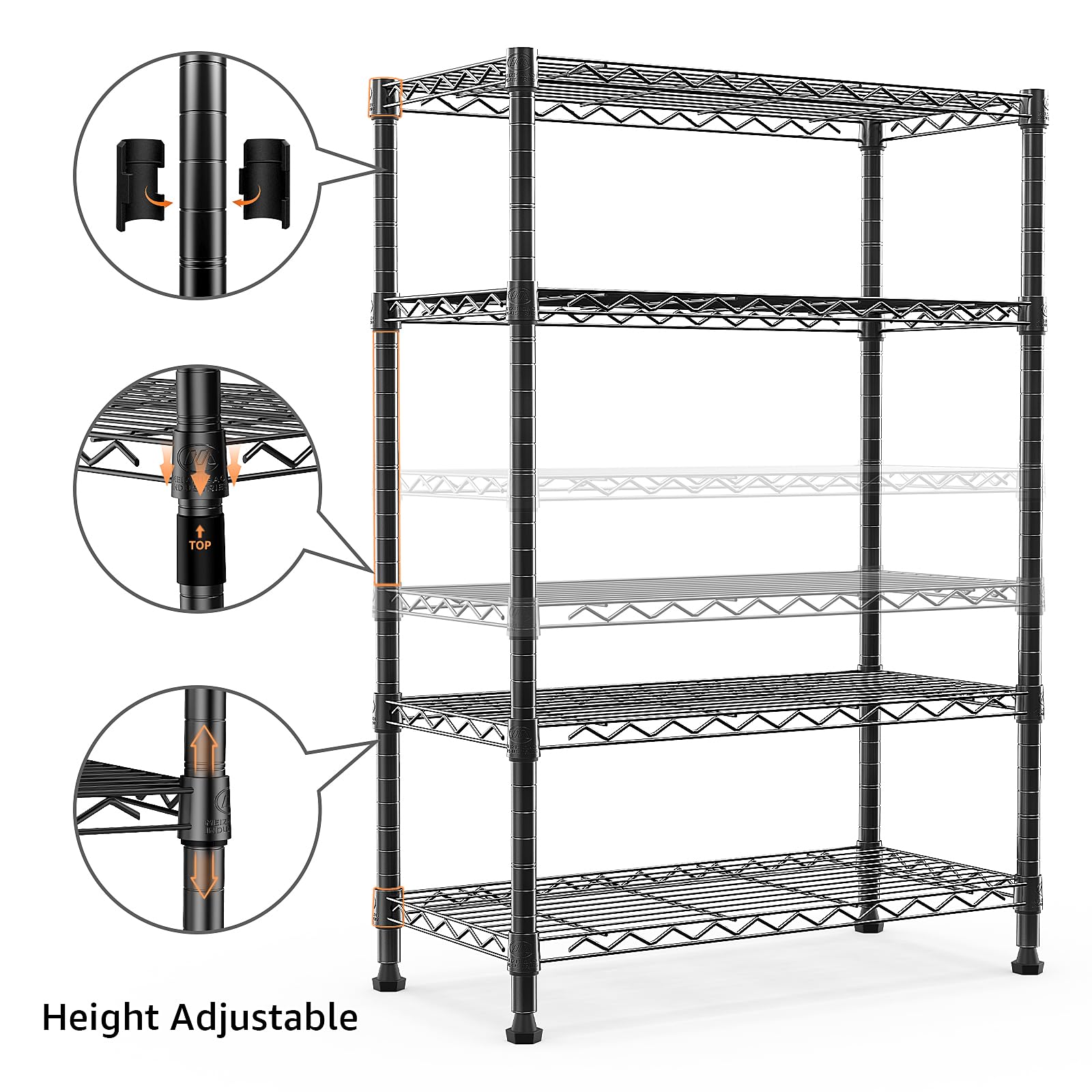 MMZG adjustable shelves in 1 inch increments for versatile item sizes.