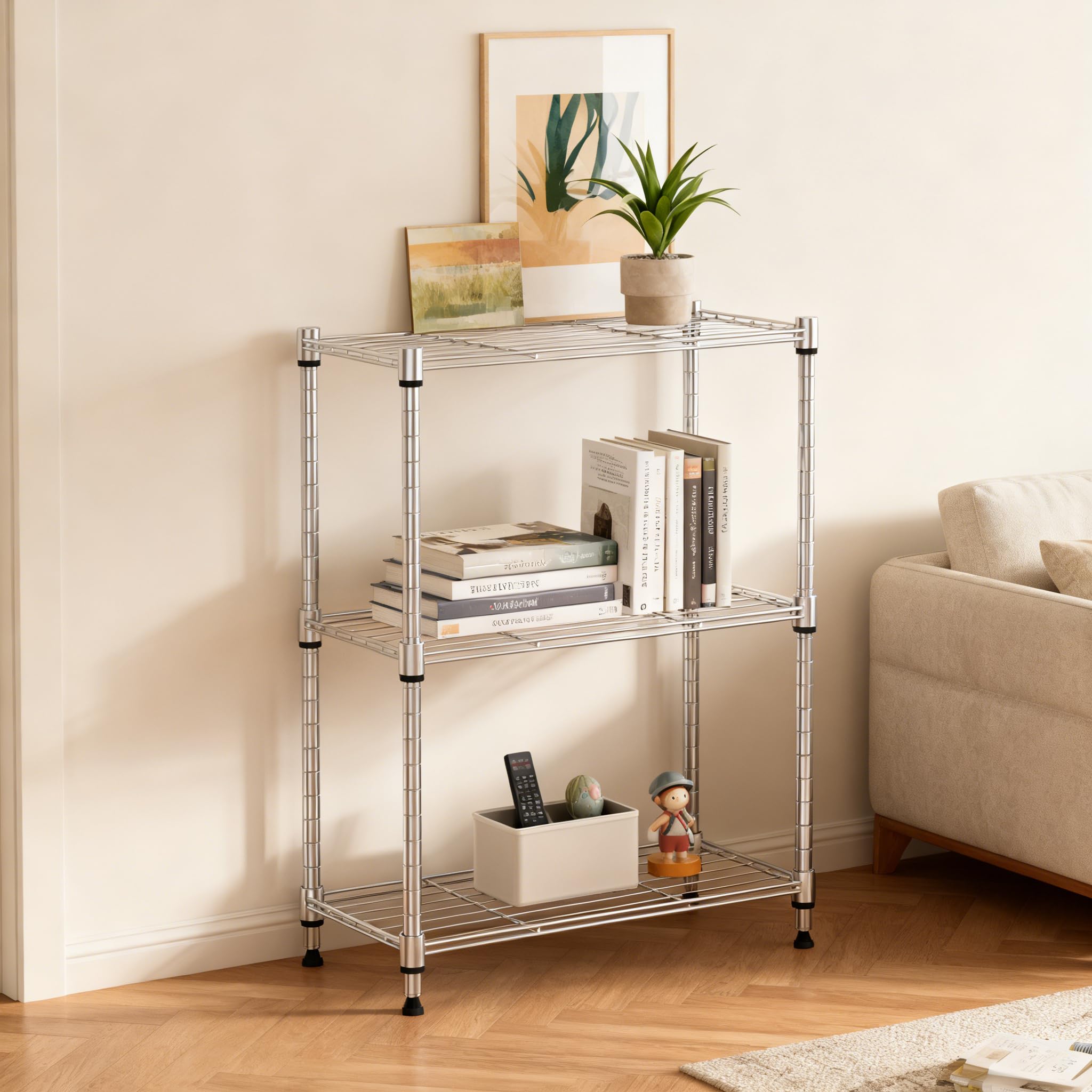 MMZG adjustable shelves demonstrate flexible heights for mixed items and clutter-free organization