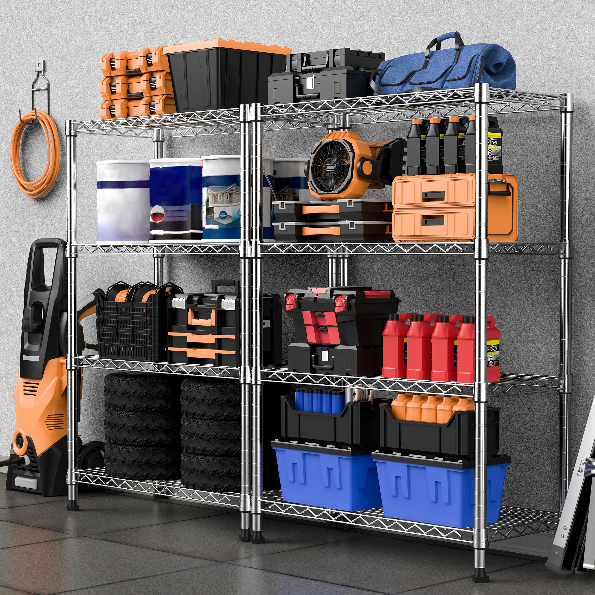 M MZG shelving in a garage for tool and part organization.