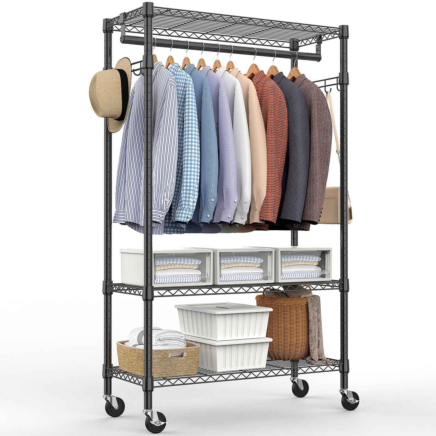 M MZG heavy-duty rolling garment rack front view for reliable storage.