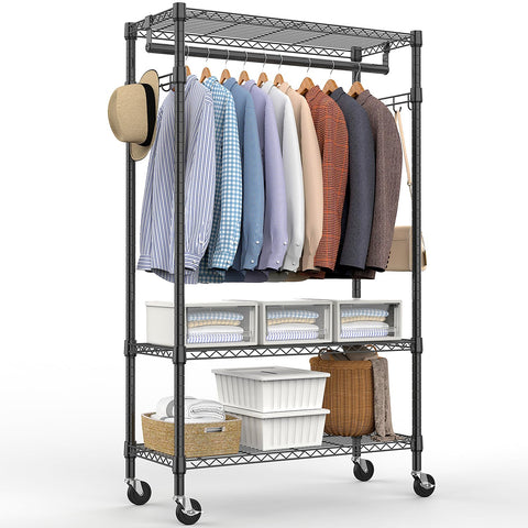 M MZG heavy-duty rolling garment rack front view for reliable storage.