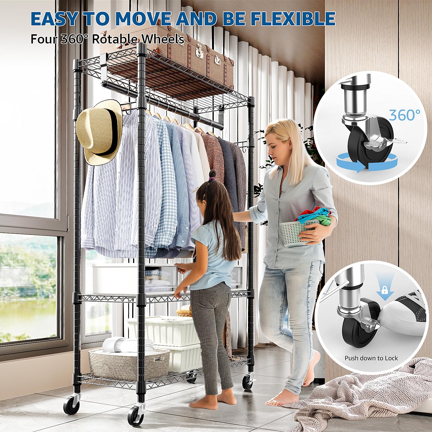 M MZG hanging rod demonstrates garment organization.