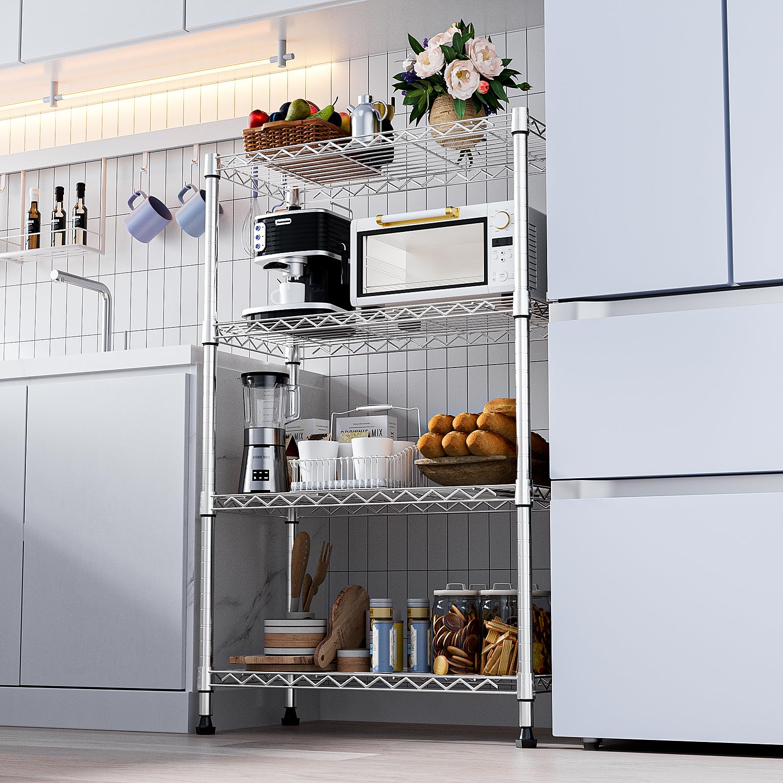 M MZG chrome shelving in a kitchen setup to organize appliances and supplies.