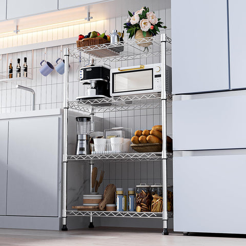 M MZG chrome shelving in a kitchen setup to organize appliances and supplies.