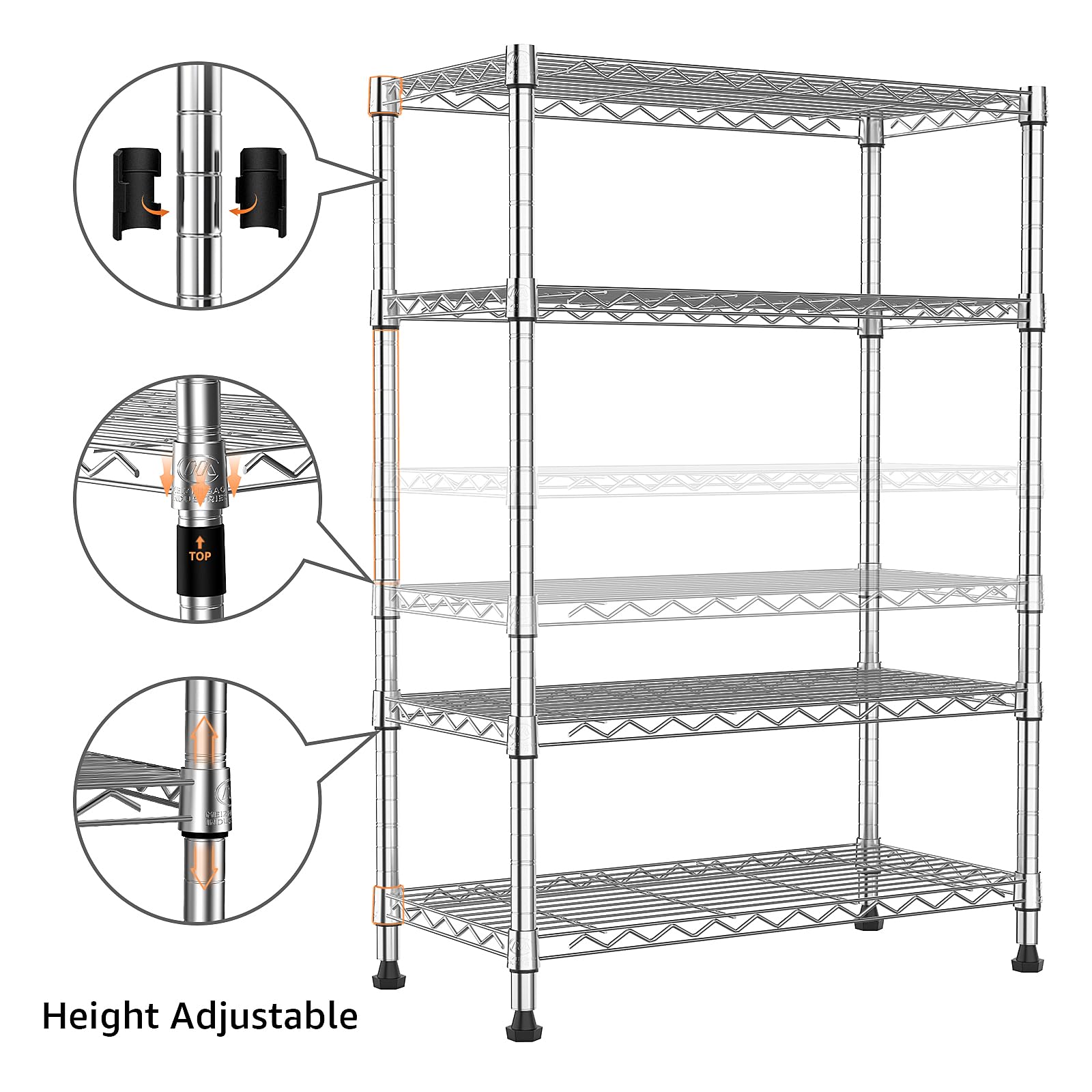 M MZG adjustable shelves enable flexible organization for varying items.