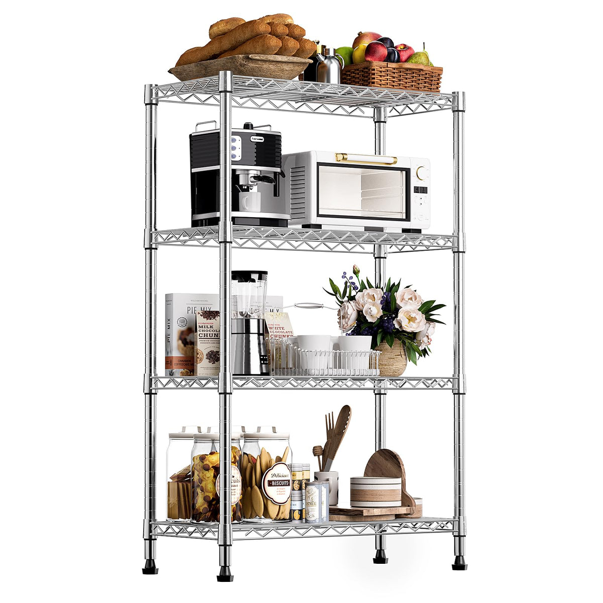 M MZG 4-tier chrome shelving front view highlights sturdy frame for everyday storage.