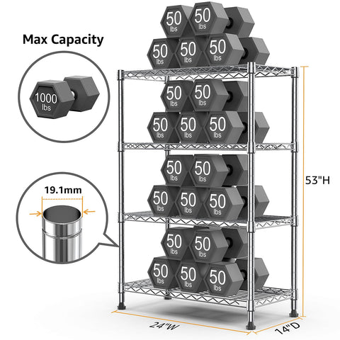 M MZG 4-tier chrome shelving side view demonstrates space efficiency.