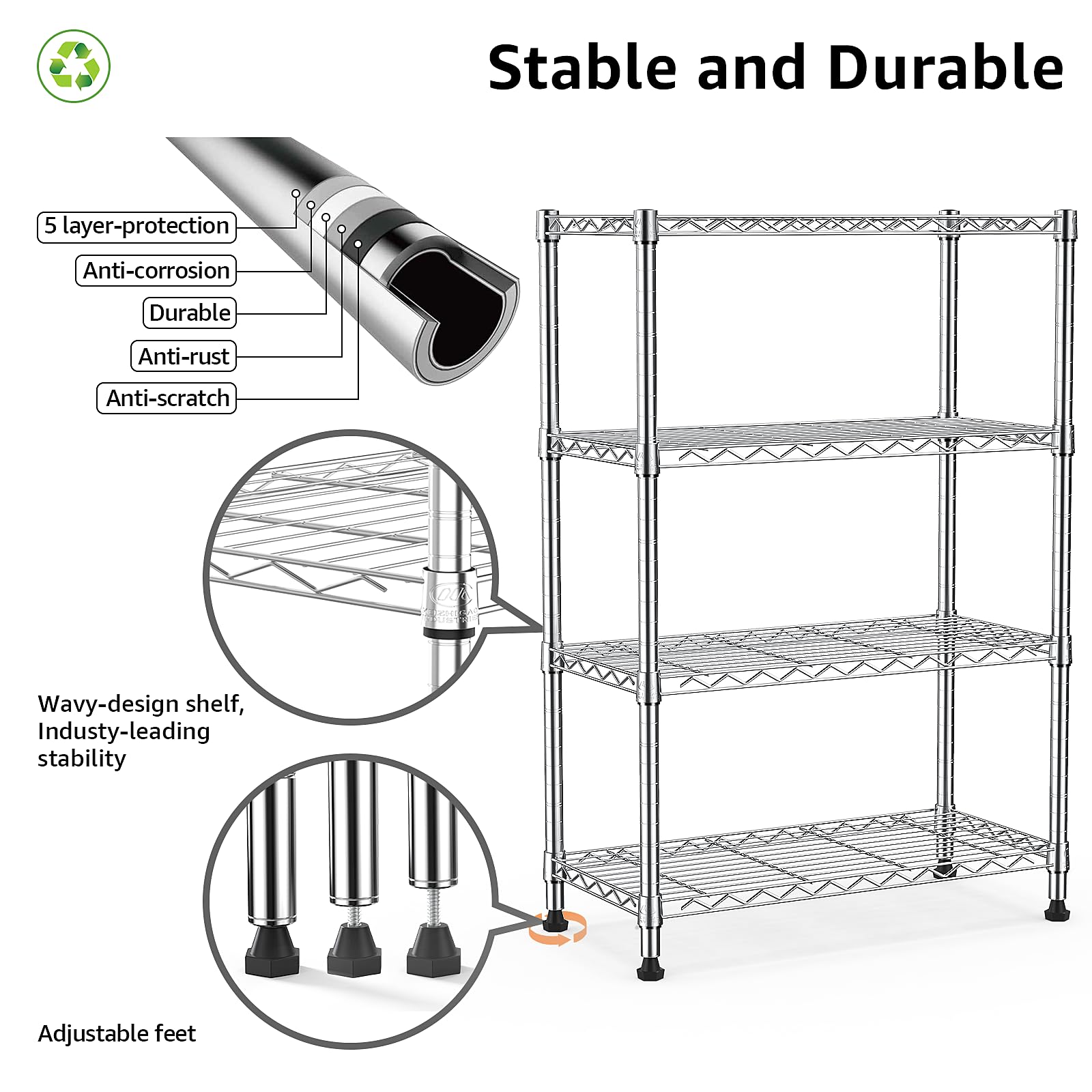 M MZG 4-tier shelving structure shows durable multi-layer design.