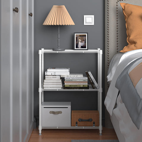 MMZG white steel shelving in kitchen setup highlights easy-clean design.