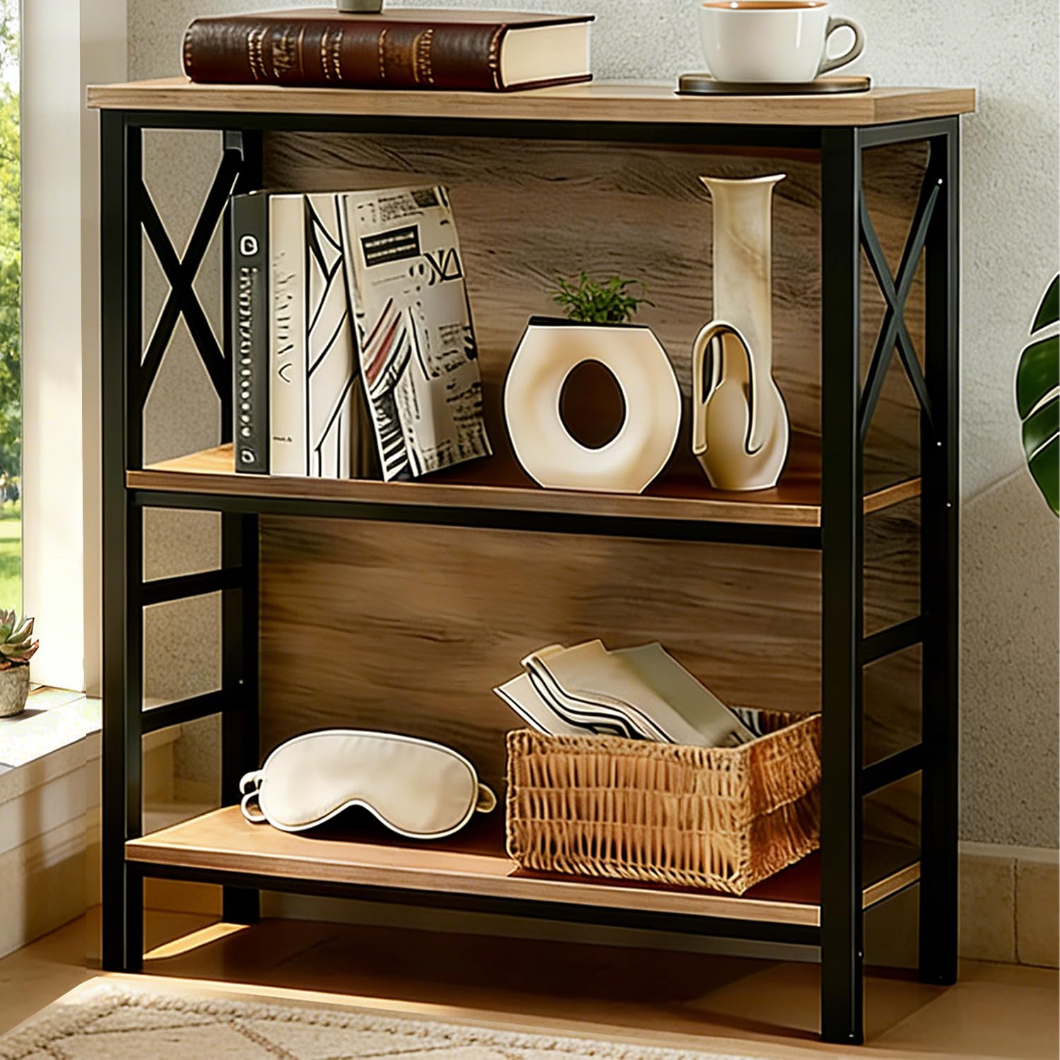 MNEETRUNG 3-tier book shelf side view emphasizes sturdy metal frame for small spaces