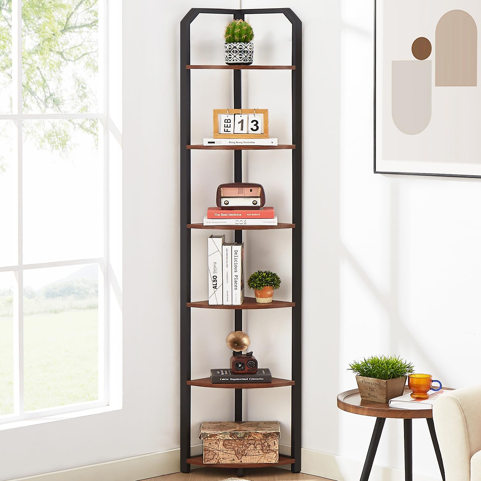 MNEETRUNG 71-inch corner shelf front view showing space-saving corner design