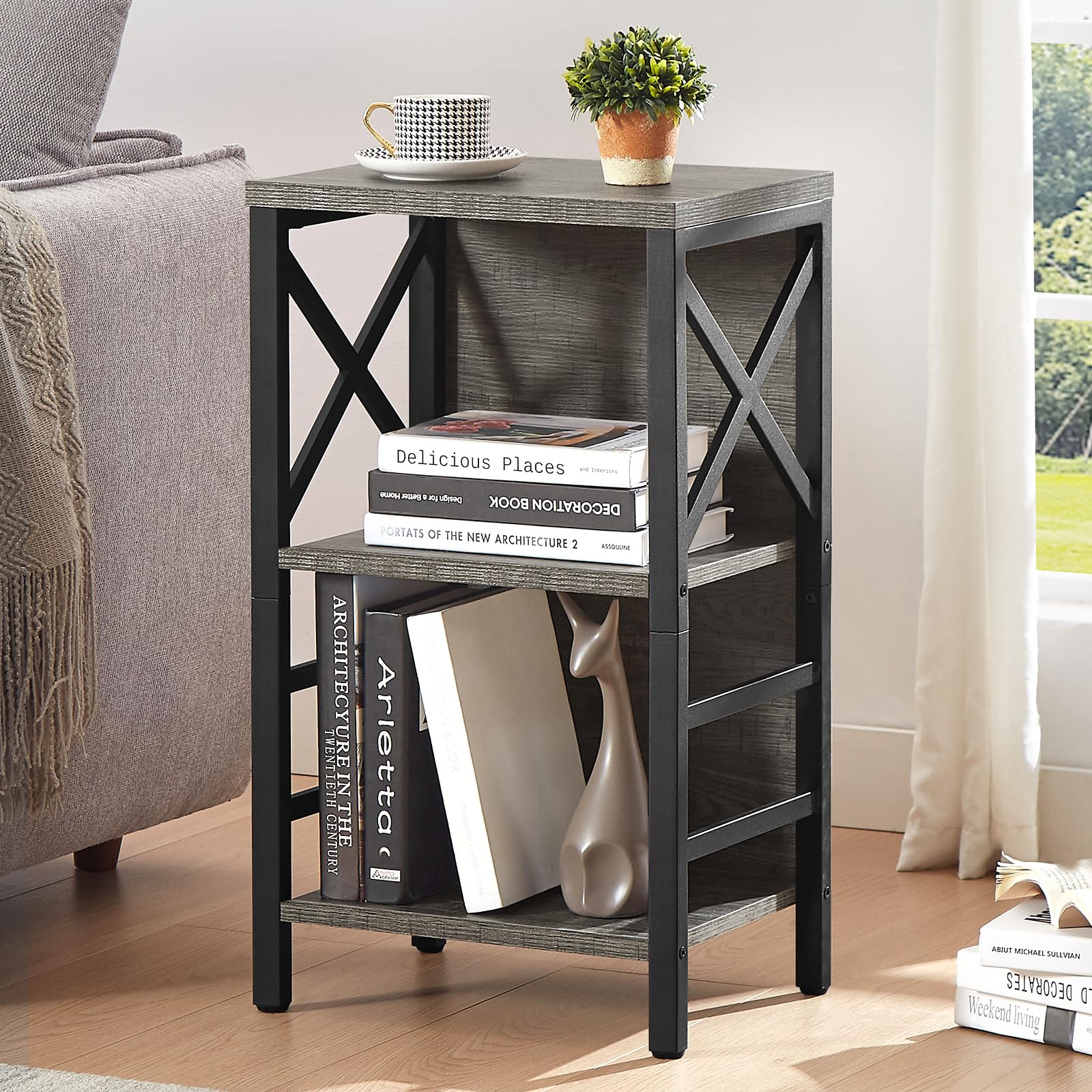 MNEETRUNG small bookcase side view emphasizes slim profile for corners