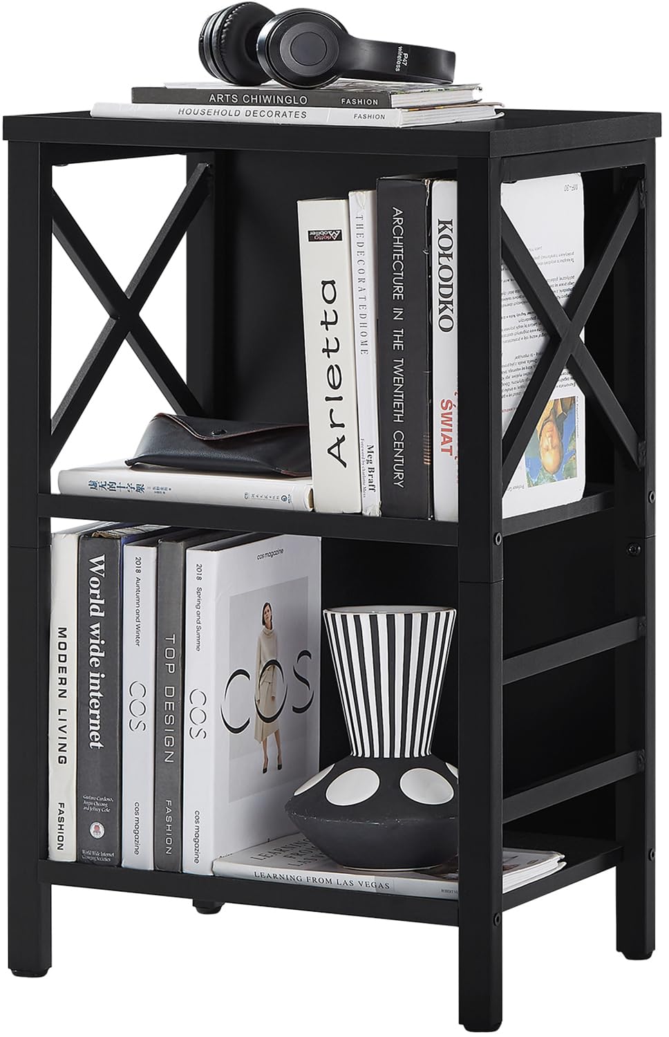 MNEETRUNG small bookshelf front view shows a compact 3-tier design for small spaces