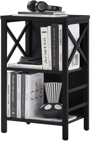 MNEETRUNG small bookshelf front view shows a compact 3-tier design for small spaces