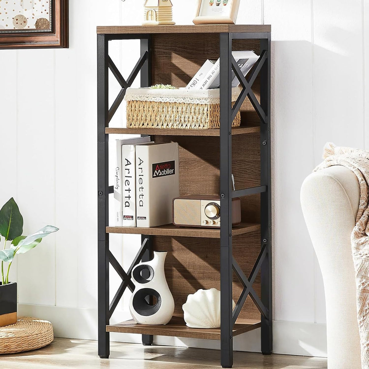 MNEETRUNG small bookshelf with 4 tier industrial frame for compact living spaces