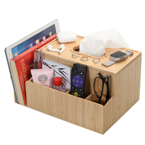 MobileVision bamboo tissue box holder with tablet stand beside the bed.