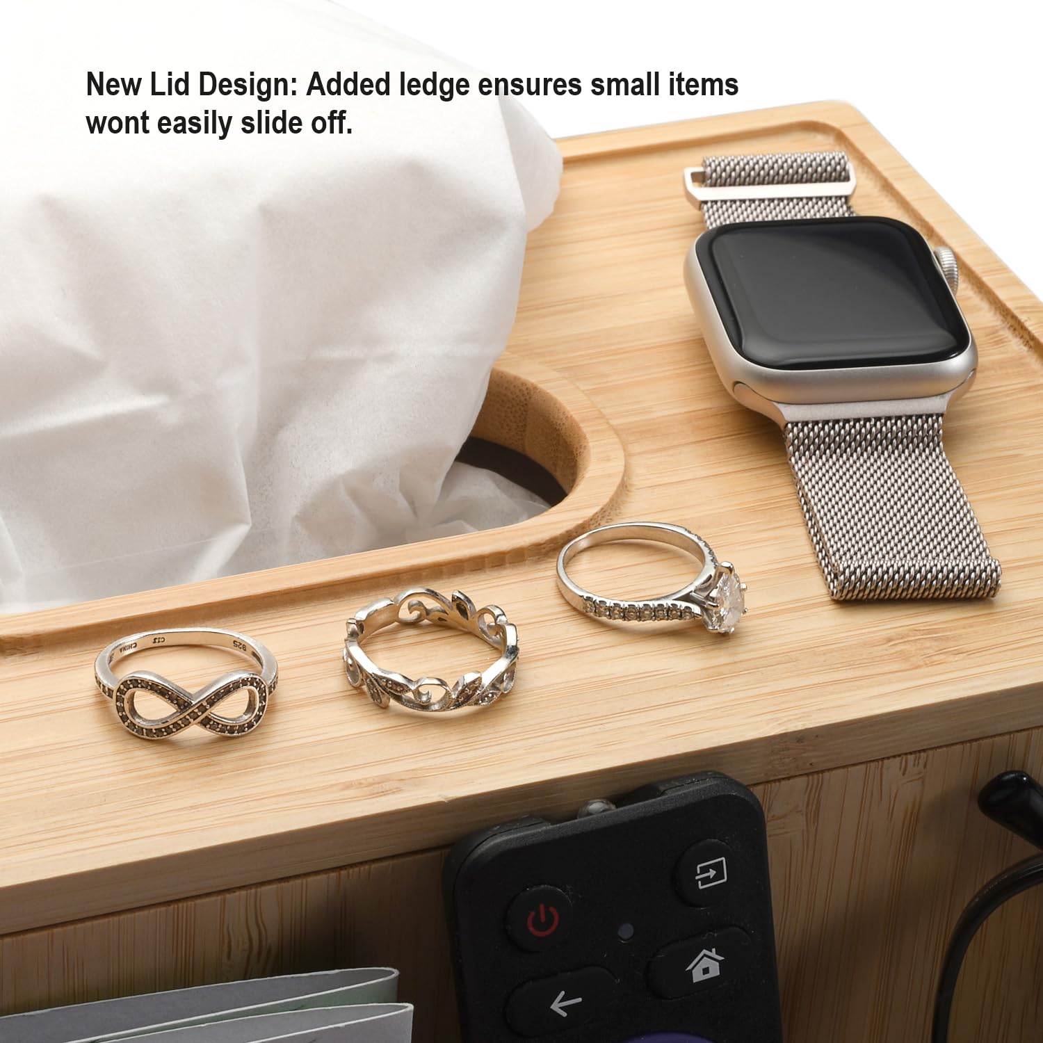 Lid with secure ledge prevents small items from sliding off.