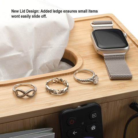 Lid with secure ledge prevents small items from sliding off.
