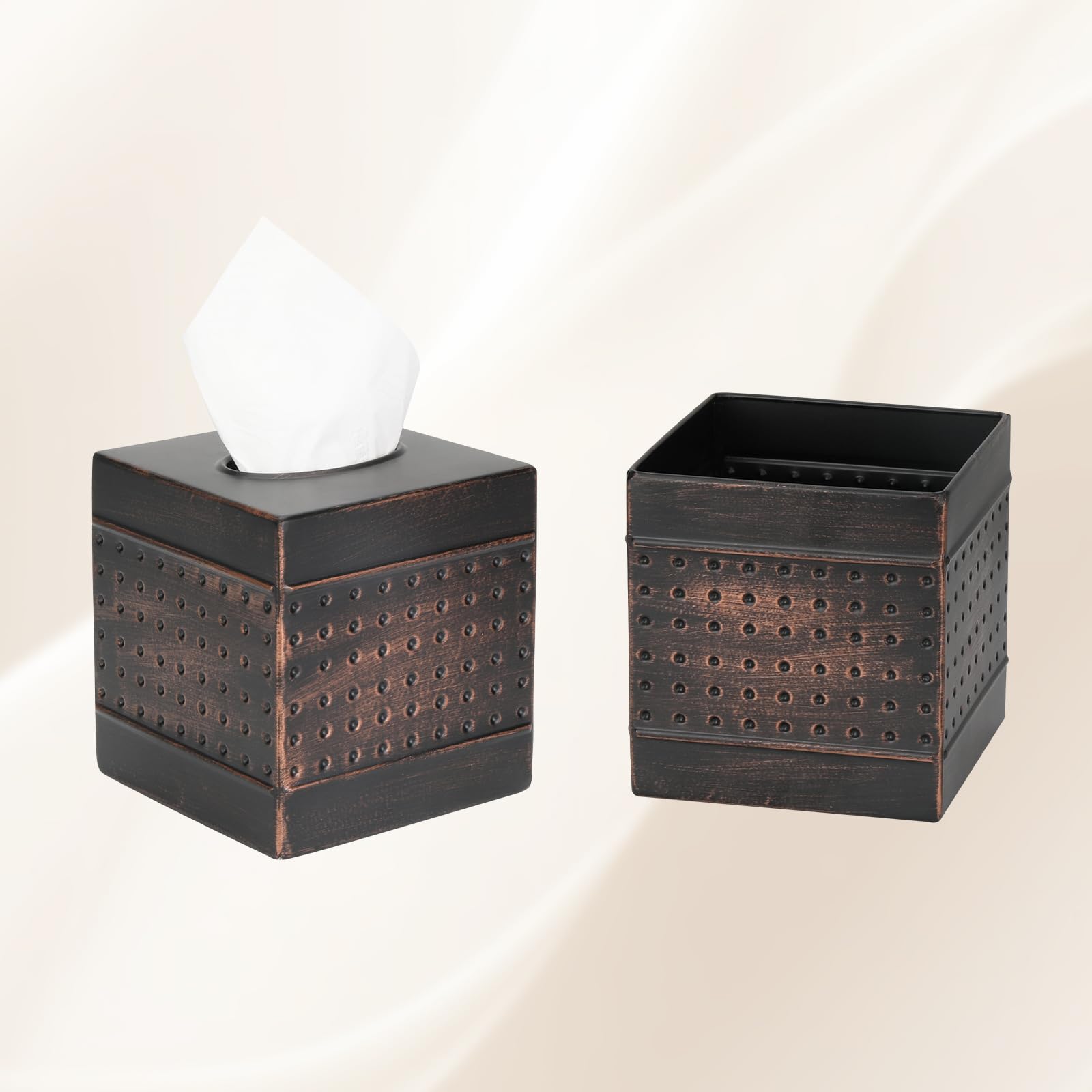 MOCHTERO square metal tissue holder with antique bronze finish complements desks.