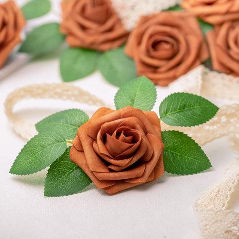 Mocoosy burnt orange rose closeup shows lifelike texture and velvety petals