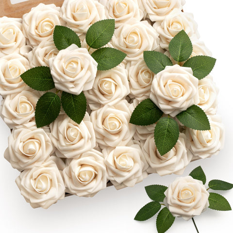 Mocoosy cream artificial rose bulk stem 8in, ideal for DIY bouquets.