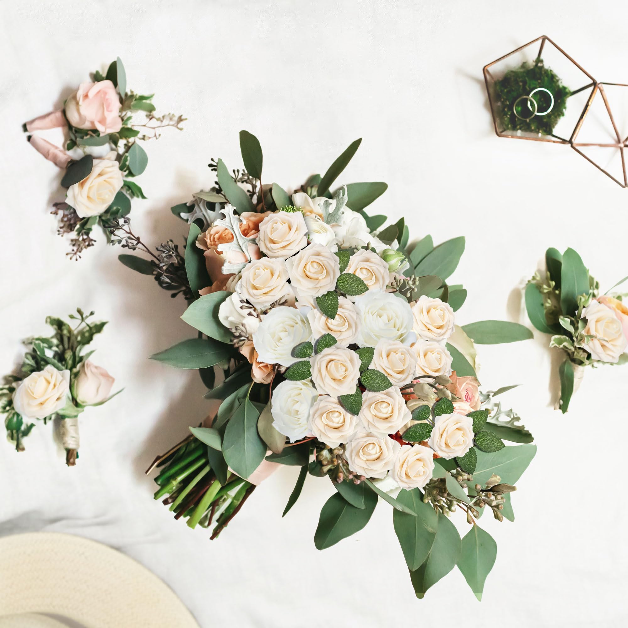 Mocoosy cream rose artificial flower, real-touch petals for cake or centerpiece.