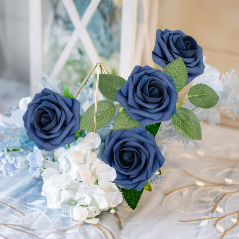 Mocoosy Valentine table decor with navy-blue roses for romantic ambience.