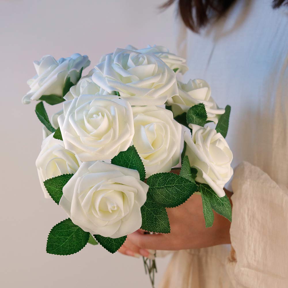 Mocoosy white rose artificial flowers realistic texture for long-lasting decor.