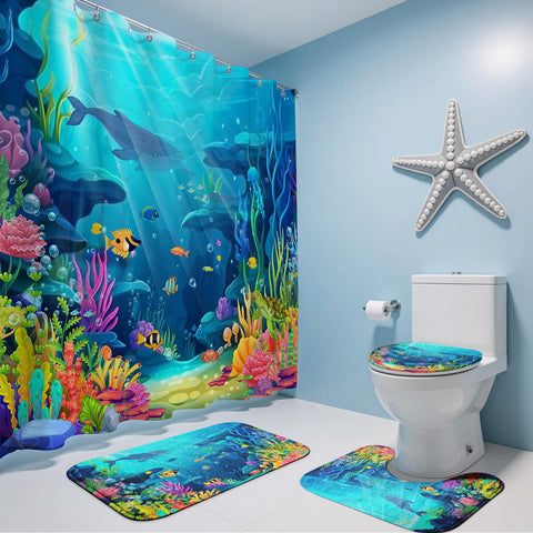 Mocsicka ocean shower curtain set with underwater scene for kids' bathrooms.