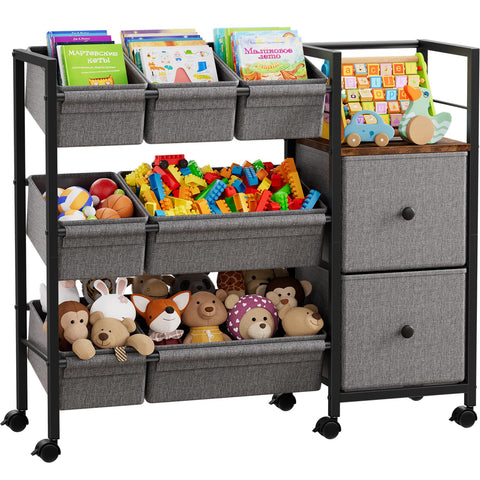 Modanais kids cart overview with seven bins, two drawers and bookshelf for organized storage.