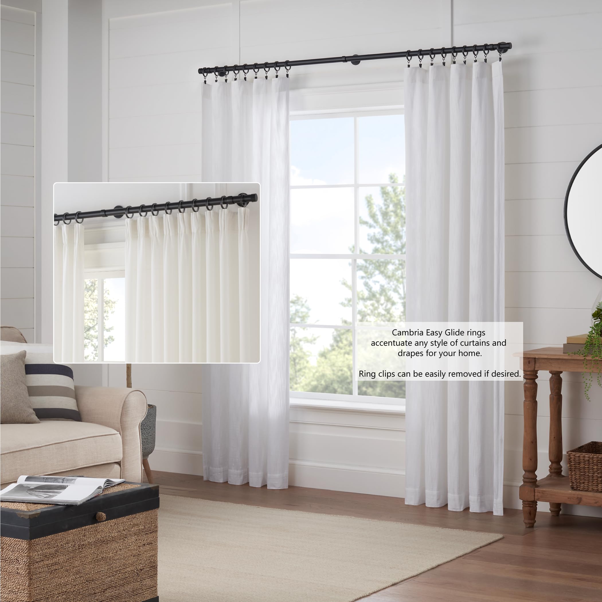 Mode Cambria clip rings with eyelets enable easy installation.