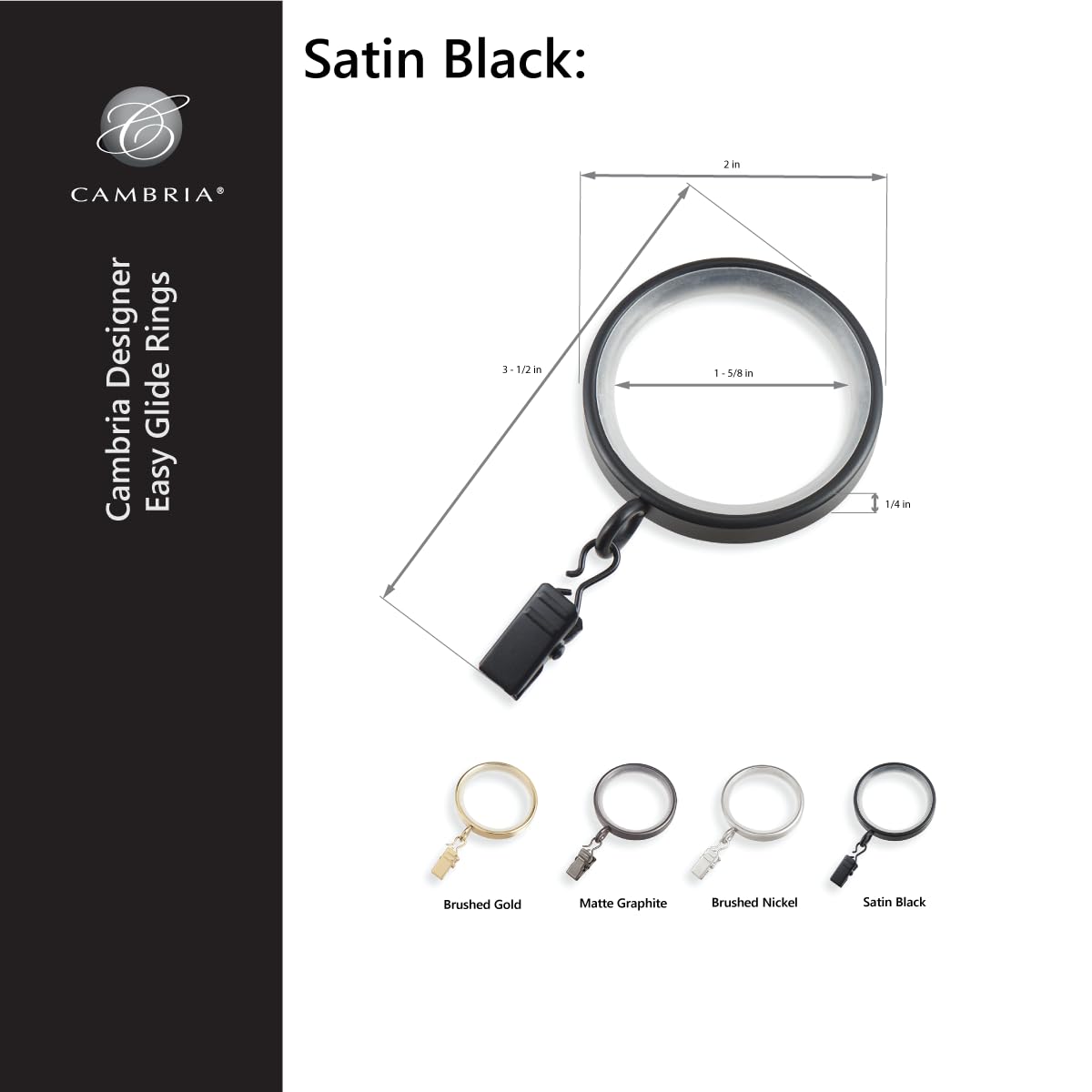 Mode Cambria satin black finish rings add refined style to windows.
