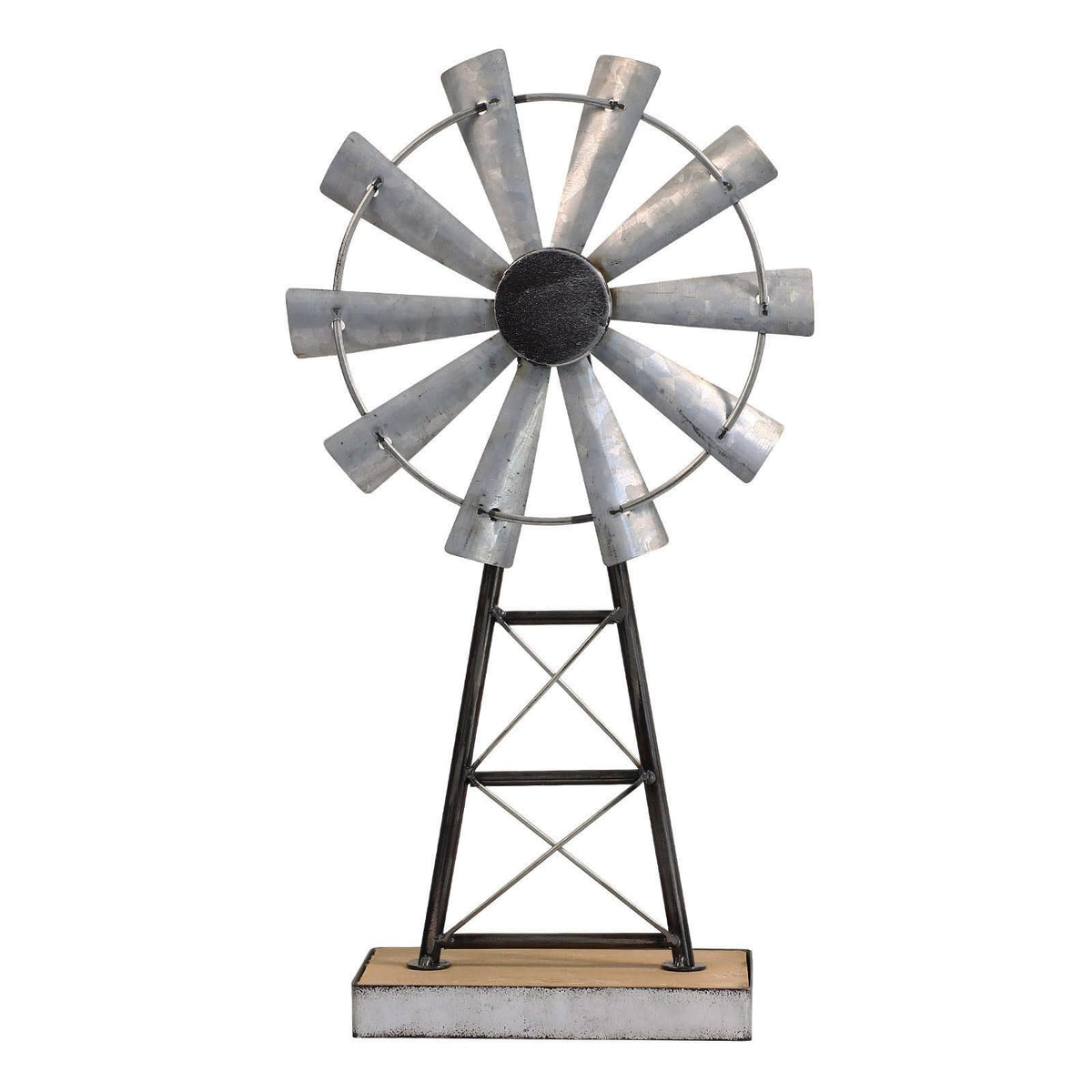 Mode Home windmill decor stands tall, adding rustic living room charm.