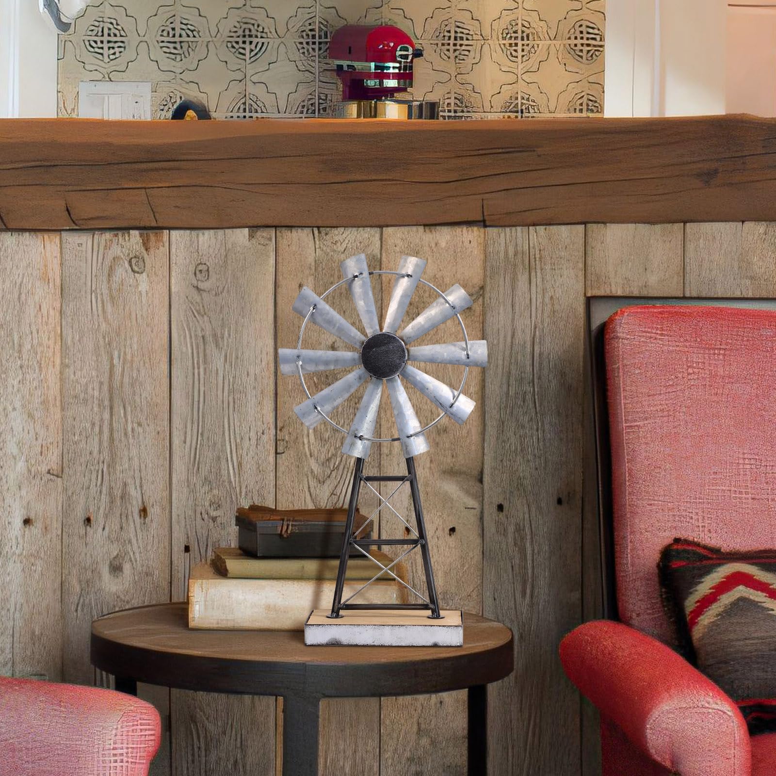 Mode Home farmhouse table centerpiece windmill elevates rustic dining decor.