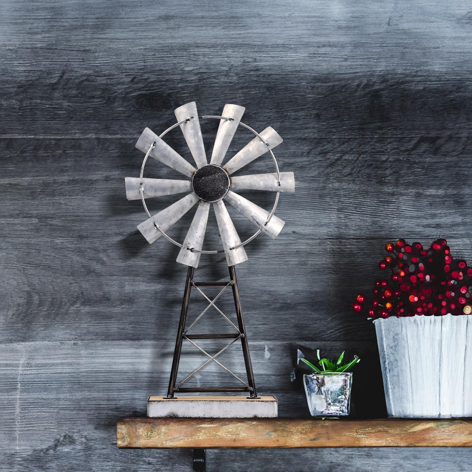 Mode Home living room windmill decor complements rustic styling beautifully.