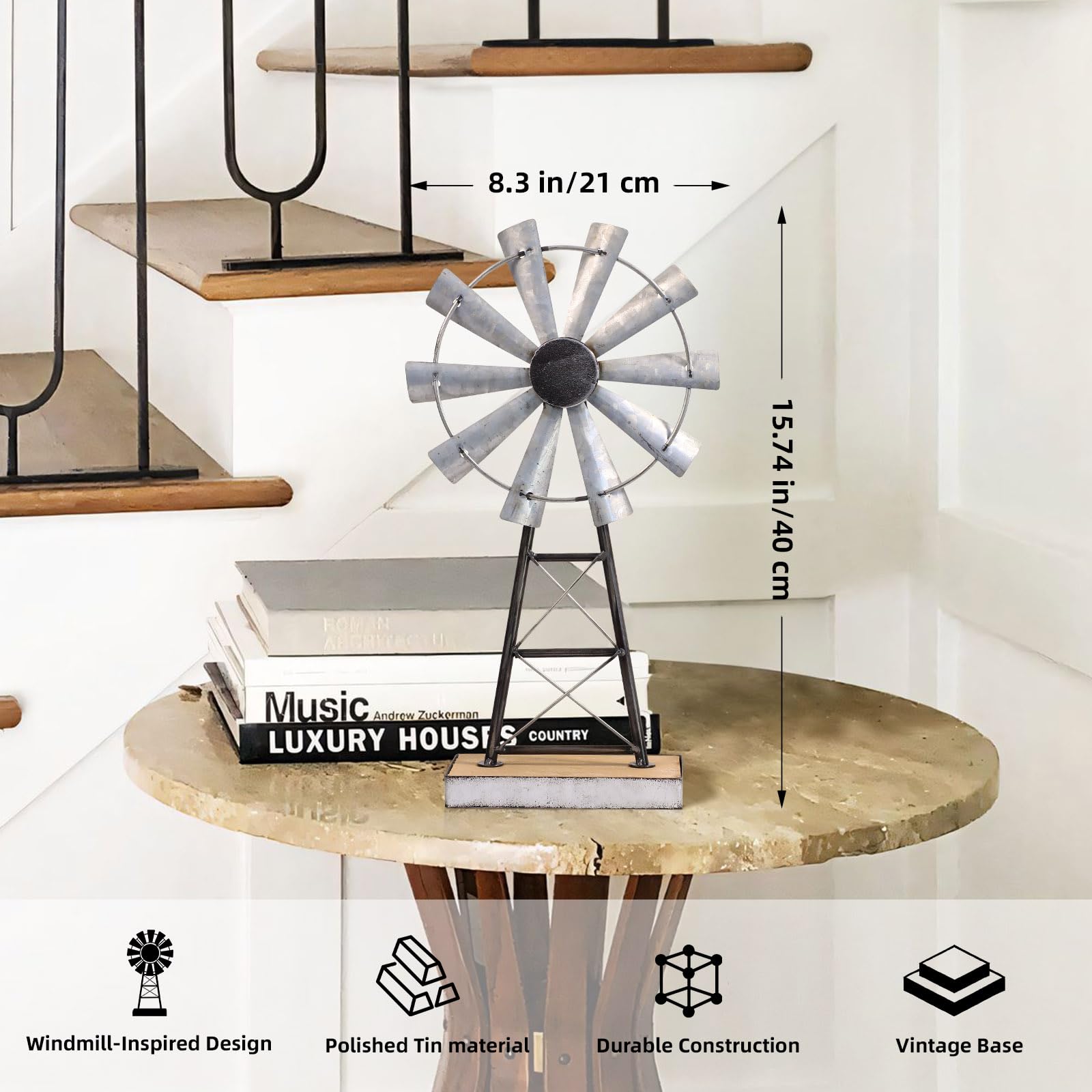 Mode Home windmill on a shelf creates a charming farmhouse vignette.