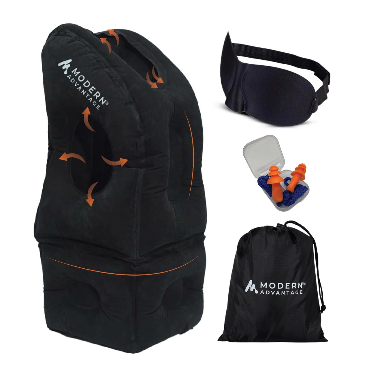 Modern Advantage inflatable travel pillow with adjustable bottom supports upright comfort on flights