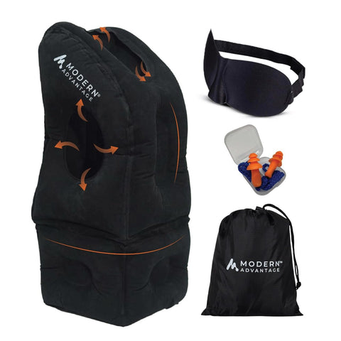 Modern Advantage inflatable travel pillow with adjustable bottom supports upright comfort on flights