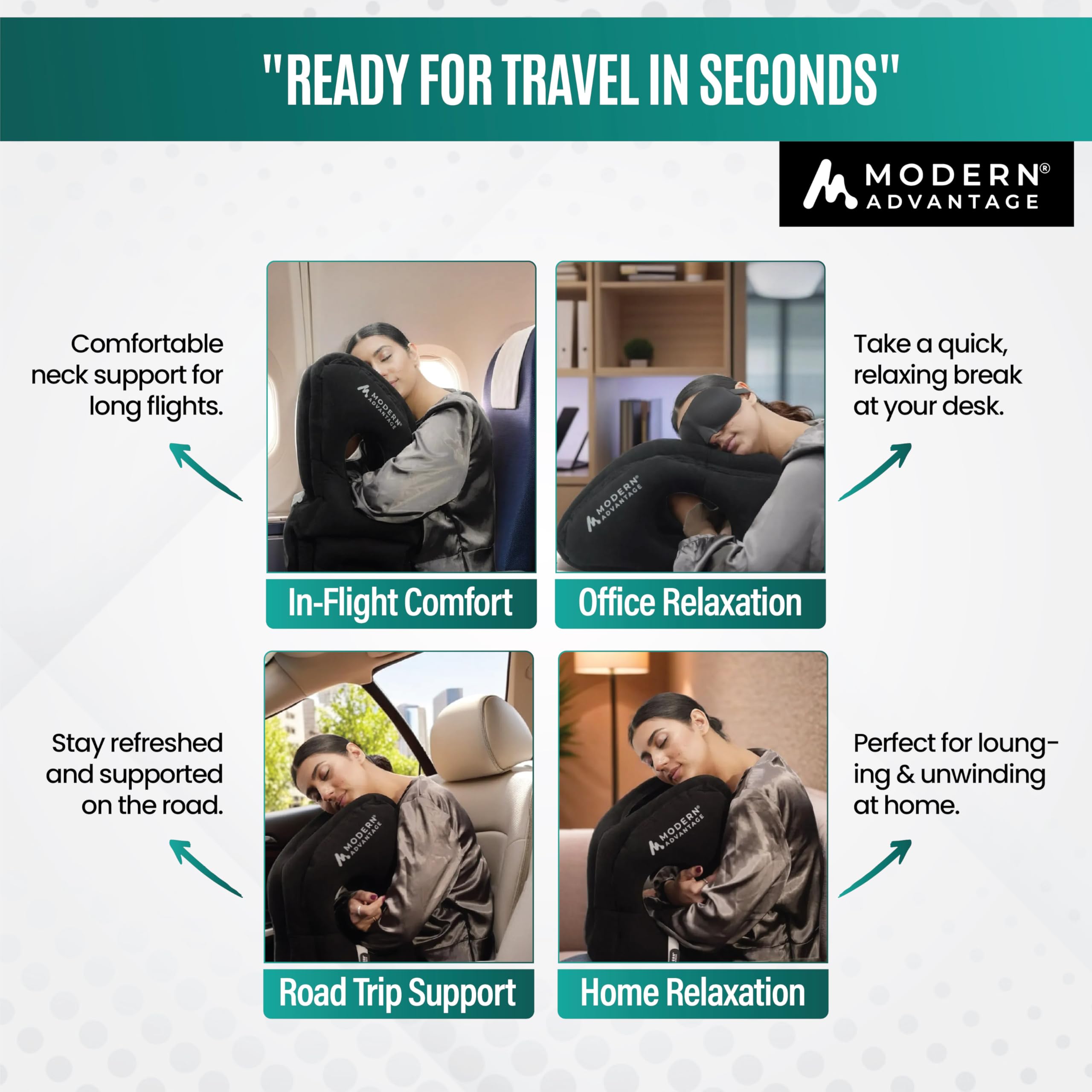 Modern Advantage travel pillow deflates flat for compact storage in carry-on