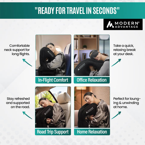 Modern Advantage travel pillow deflates flat for compact storage in carry-on