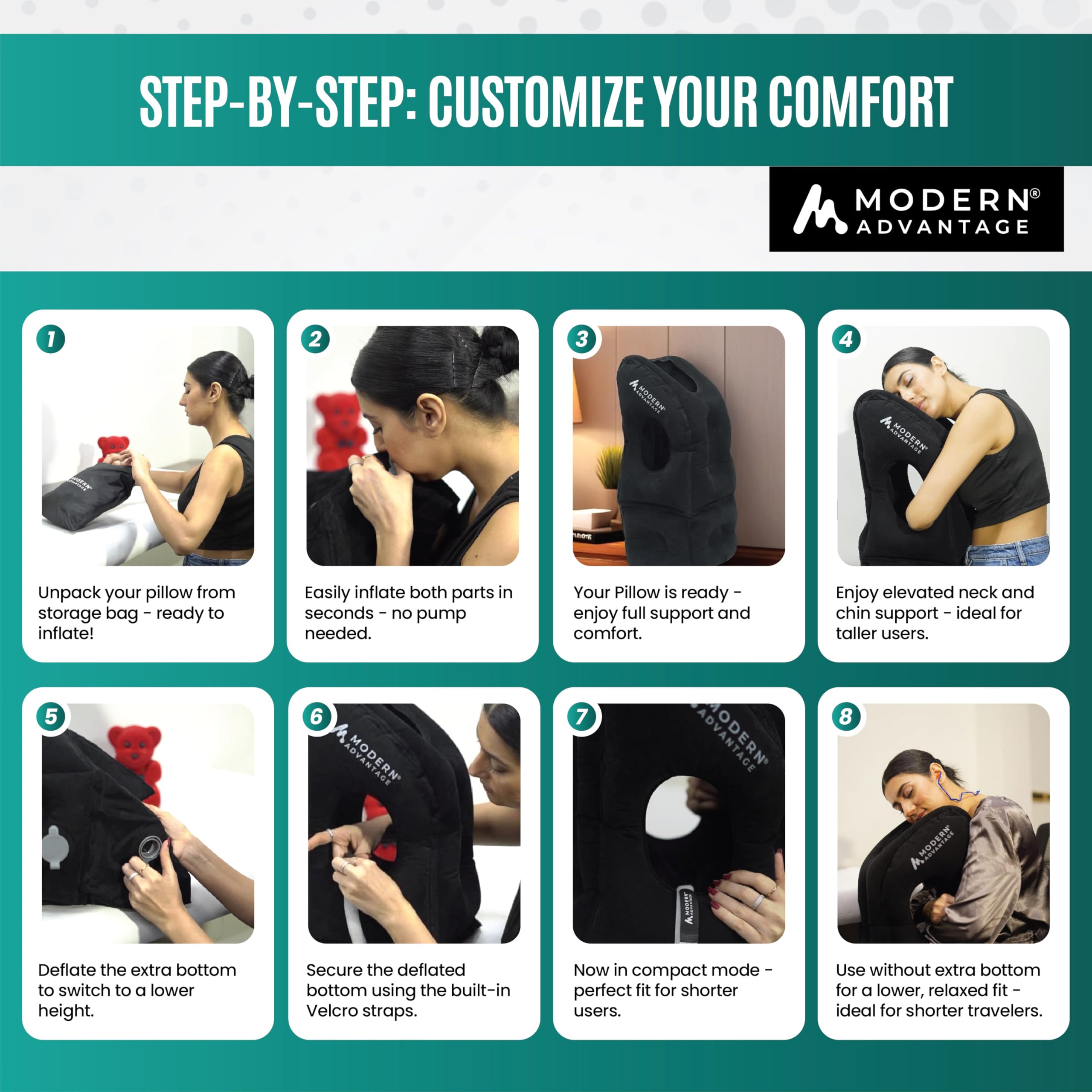 Modern Advantage travel pillow provides stable neck and head support during long flights