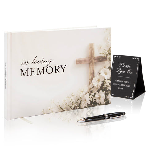 Modern Album Designs cross hardcover funeral guest book cover for dignified memorial display.
