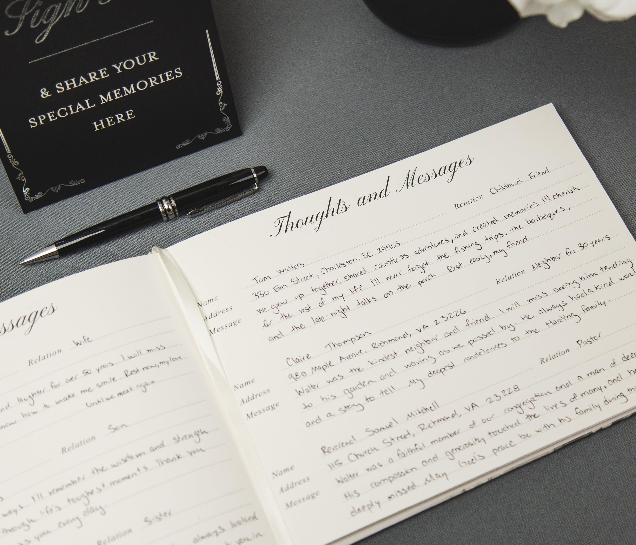 Modern Album Designs guest book page layout with space for messages and photos.