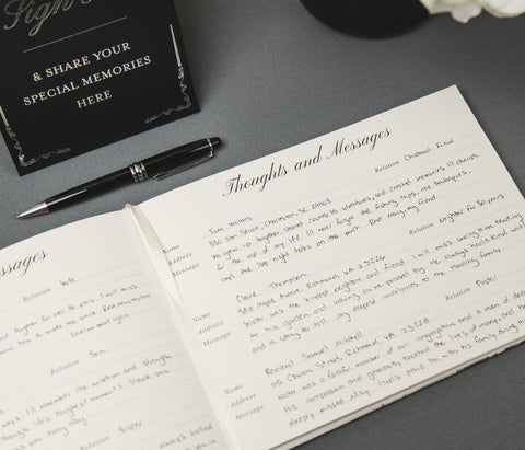 Modern Album Designs guest book page layout with space for messages and photos.