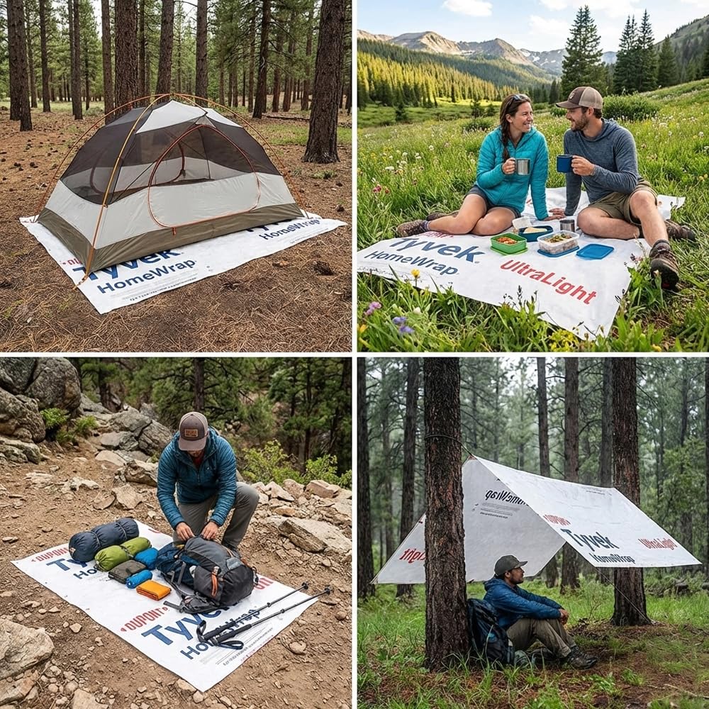 Modern Grizzly ultralight tarp setup for quick under-tent protection on-site.