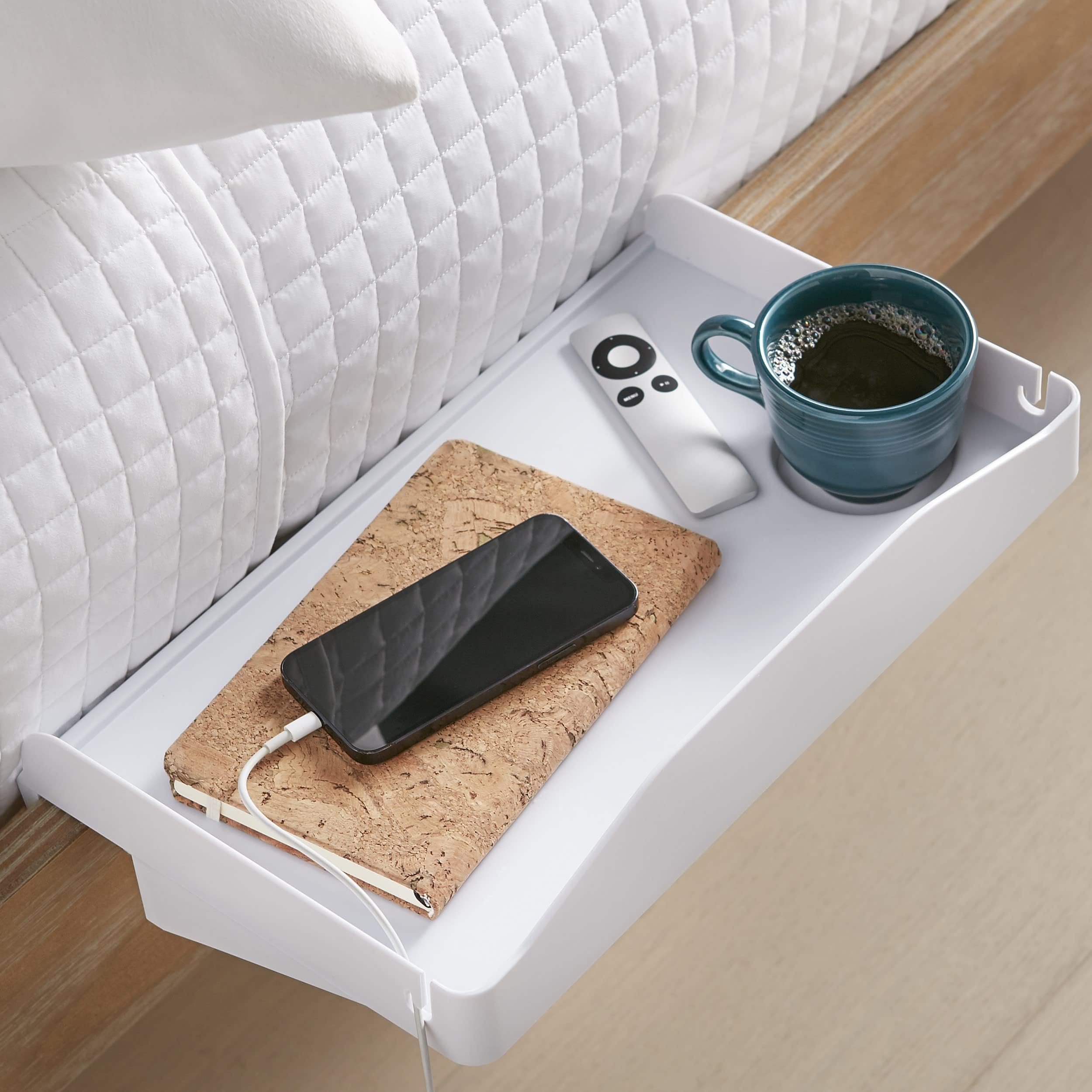 Modern Innovations bedside shelf clip-on attachment delivers quick nightstand storage.