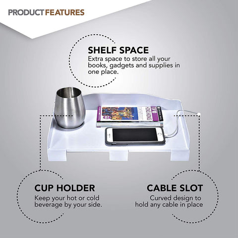 Modern Innovations bedside shelf cord holder keeps charging cables organized.