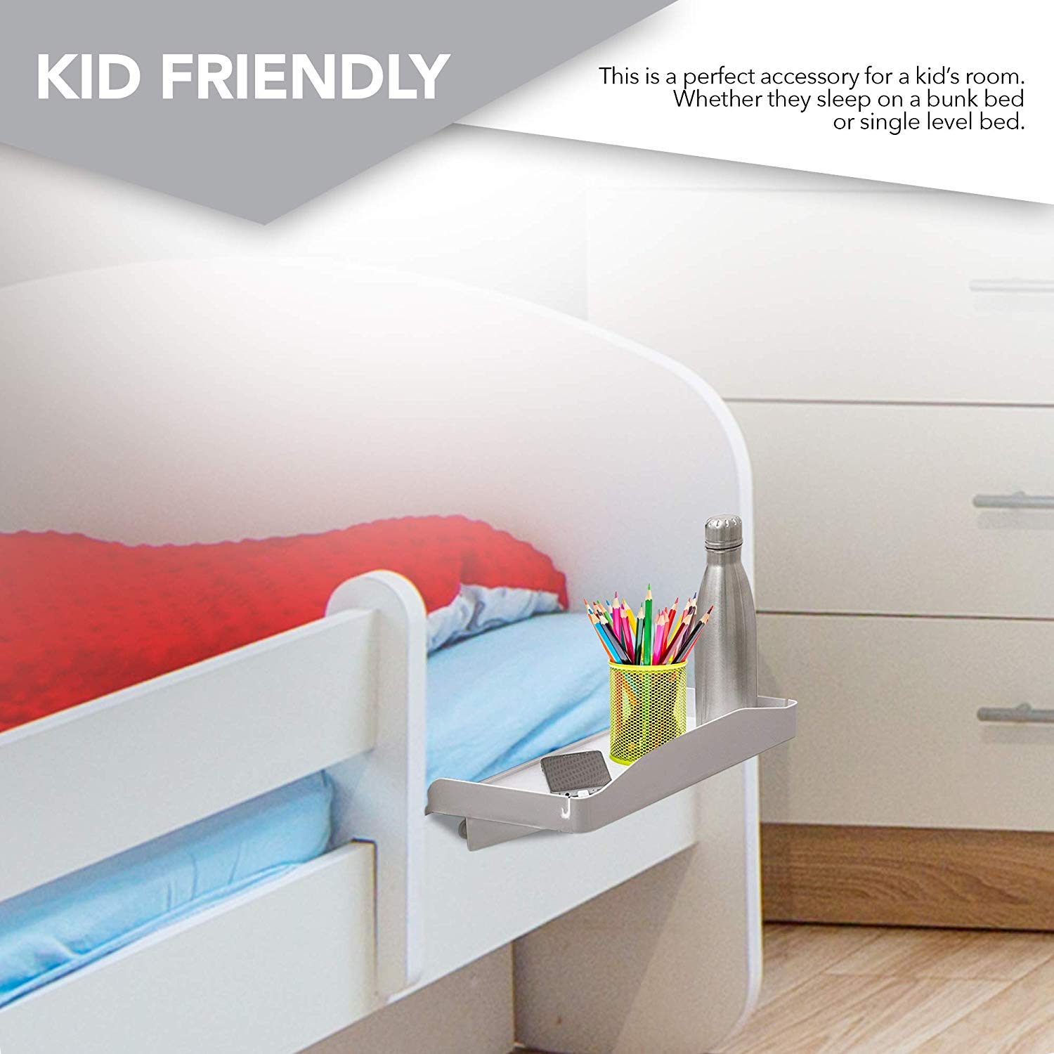 Modern Innovations bedside shelf top bunk use for easy access.