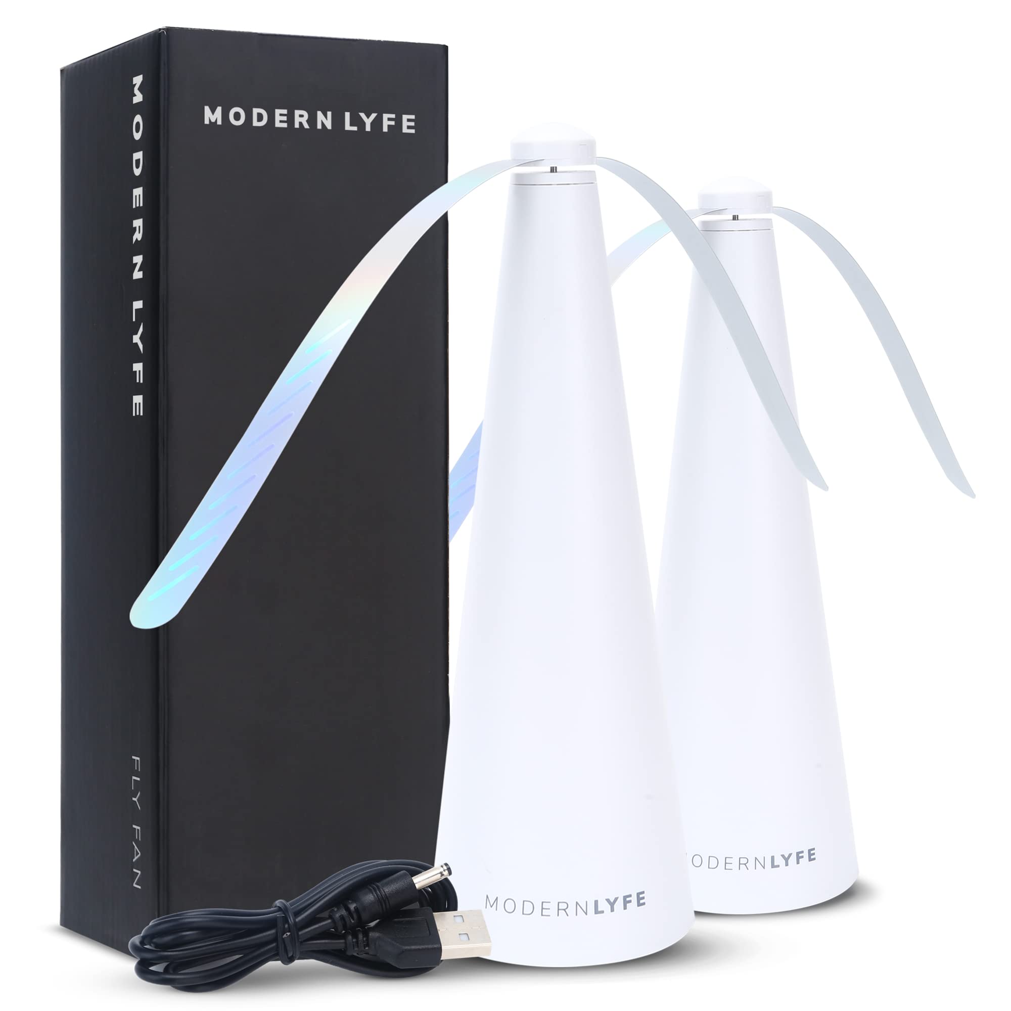 Modern Lyfe Fly Fan on a table powered by USB to deter flies during dining