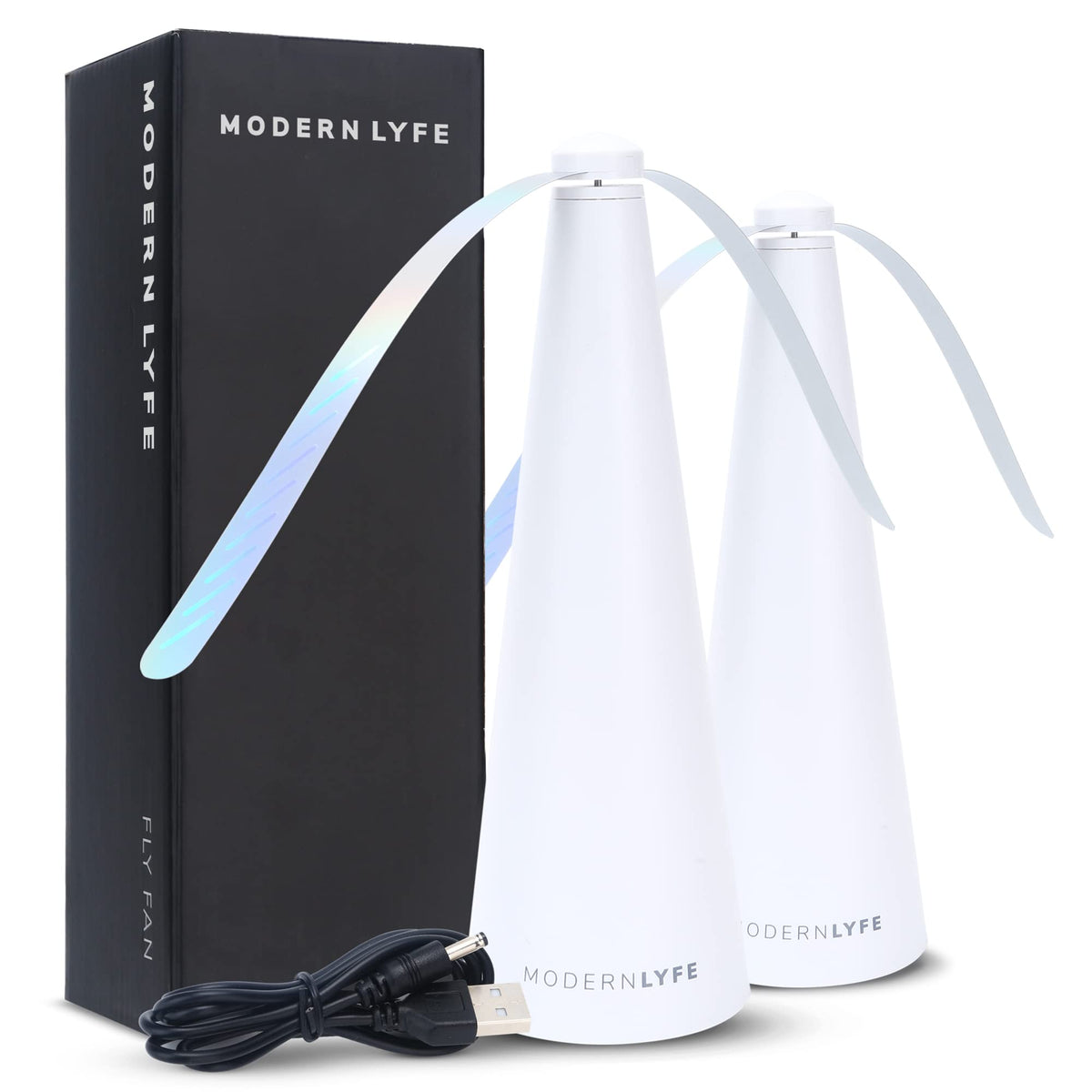 Modern Lyfe Fly Fan on a table powered by USB to deter flies during dining